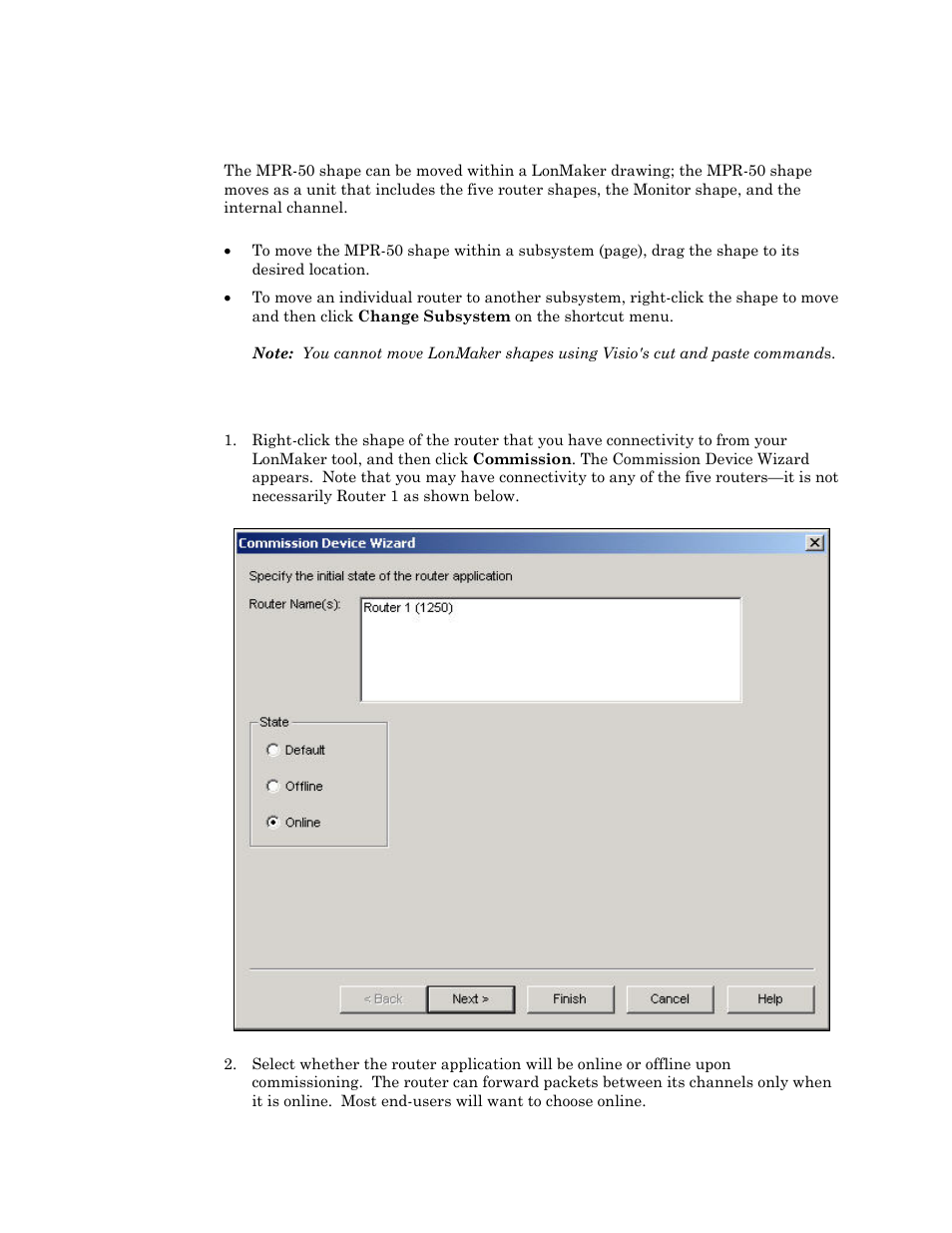 Moving a lonmaker shape, Commissioning an mpr-50 router | Echelon MPR-50 Multi-Port Router User Manual | Page 22 / 51