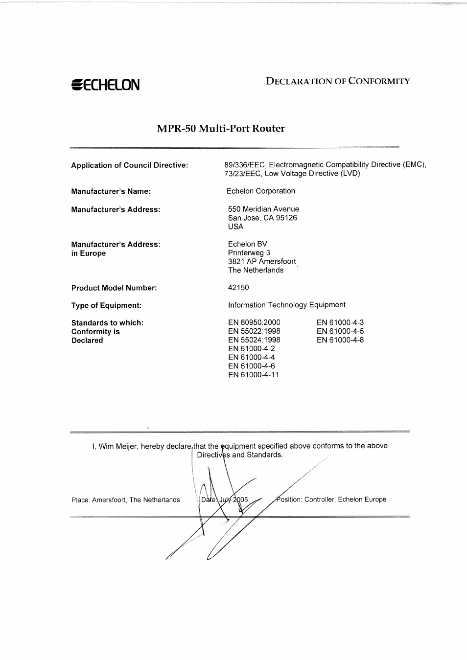 Declaration of conformity | Echelon MPR-50 Multi-Port Router User Manual | Page 4 / 51