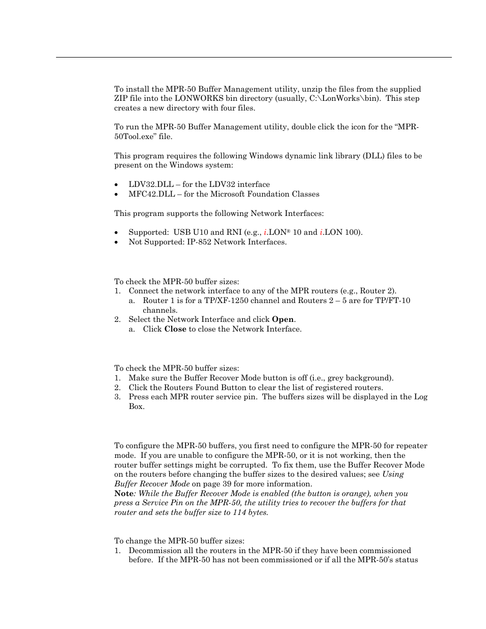 Using the mpr program, Checking the current buffer sizes, Using buffer configure | Using, Buffer, Configure | Echelon MPR-50 Multi-Port Router User Manual | Page 45 / 51