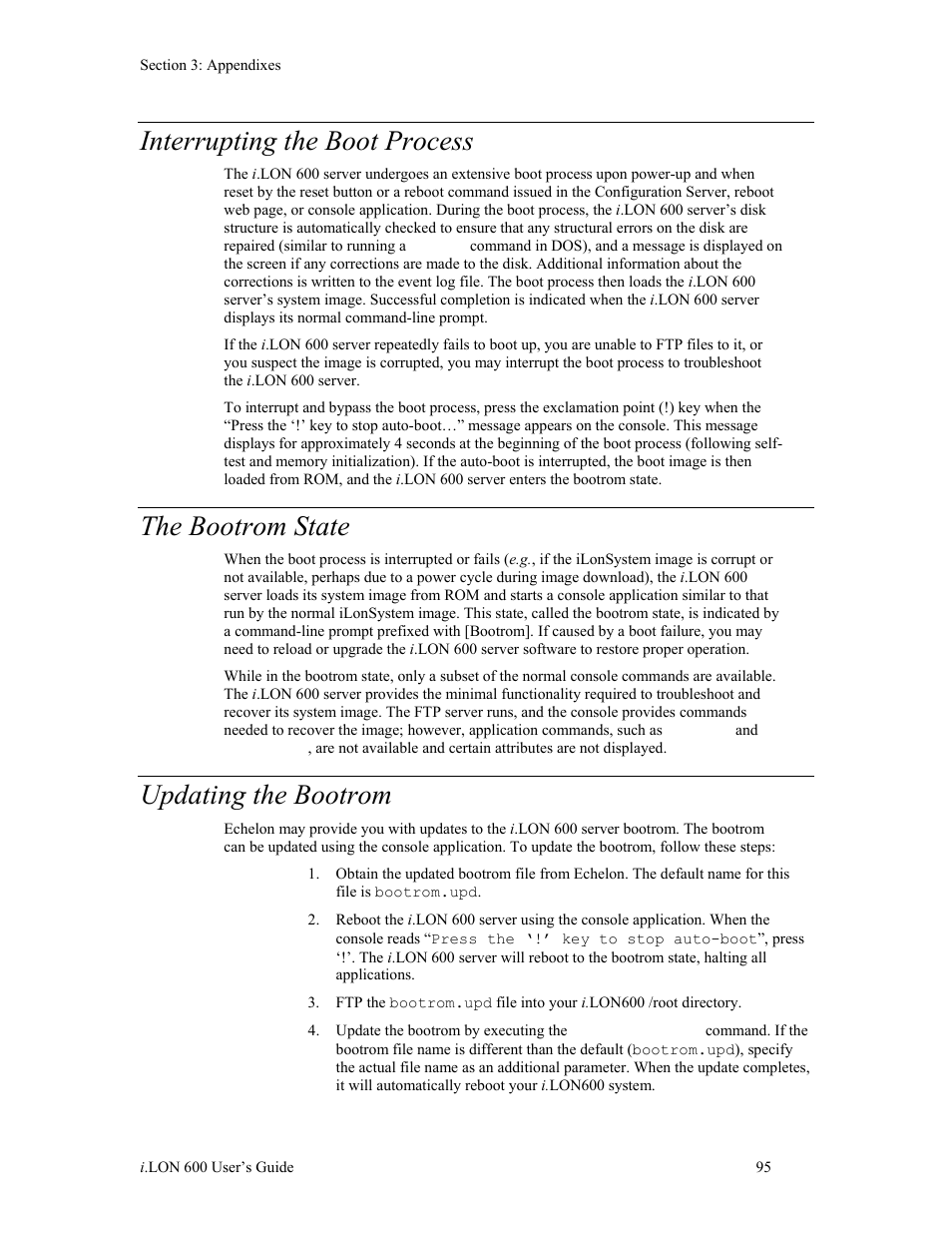 Interrupting the boot process, The bootrom state, Updating the bootrom | Echelon i.LON 600 LonWorks/IP Server User Manual | Page 103 / 116