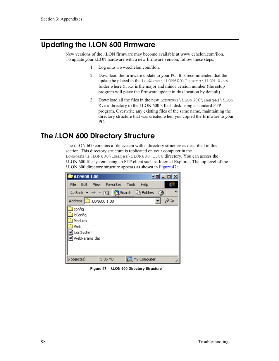 Updating the i.lon 600 firmware, The i.lon 600 directory structure, Updating the i .lon 600 firmware | The i .lon 600 directory structure | Echelon i.LON 600 LonWorks/IP Server User Manual | Page 106 / 116
