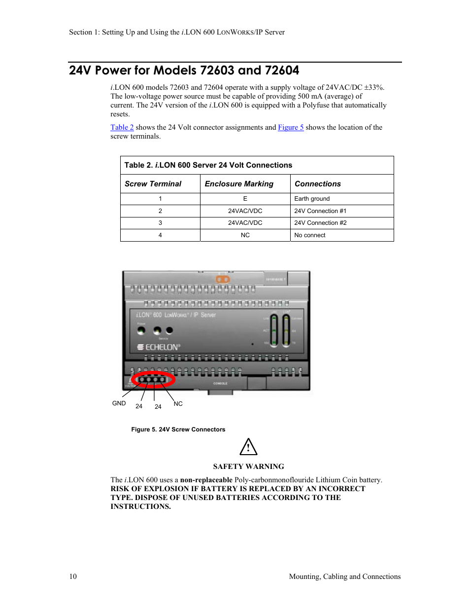 24v power for models 72603 and 72604 | Echelon i.LON 600 LonWorks/IP Server User Manual | Page 18 / 116
