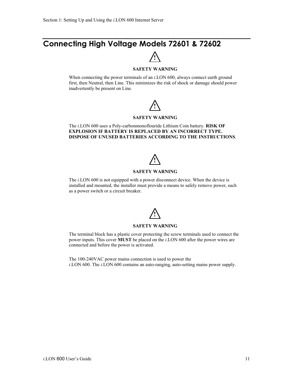 Connecting high voltage models 72601 & 72602 | Echelon i.LON 600 LonWorks/IP Server User Manual | Page 19 / 116