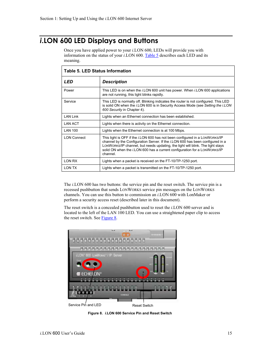 I.lon 600 led displays and buttons, I .lon 600 led displays and buttons | Echelon i.LON 600 LonWorks/IP Server User Manual | Page 23 / 116