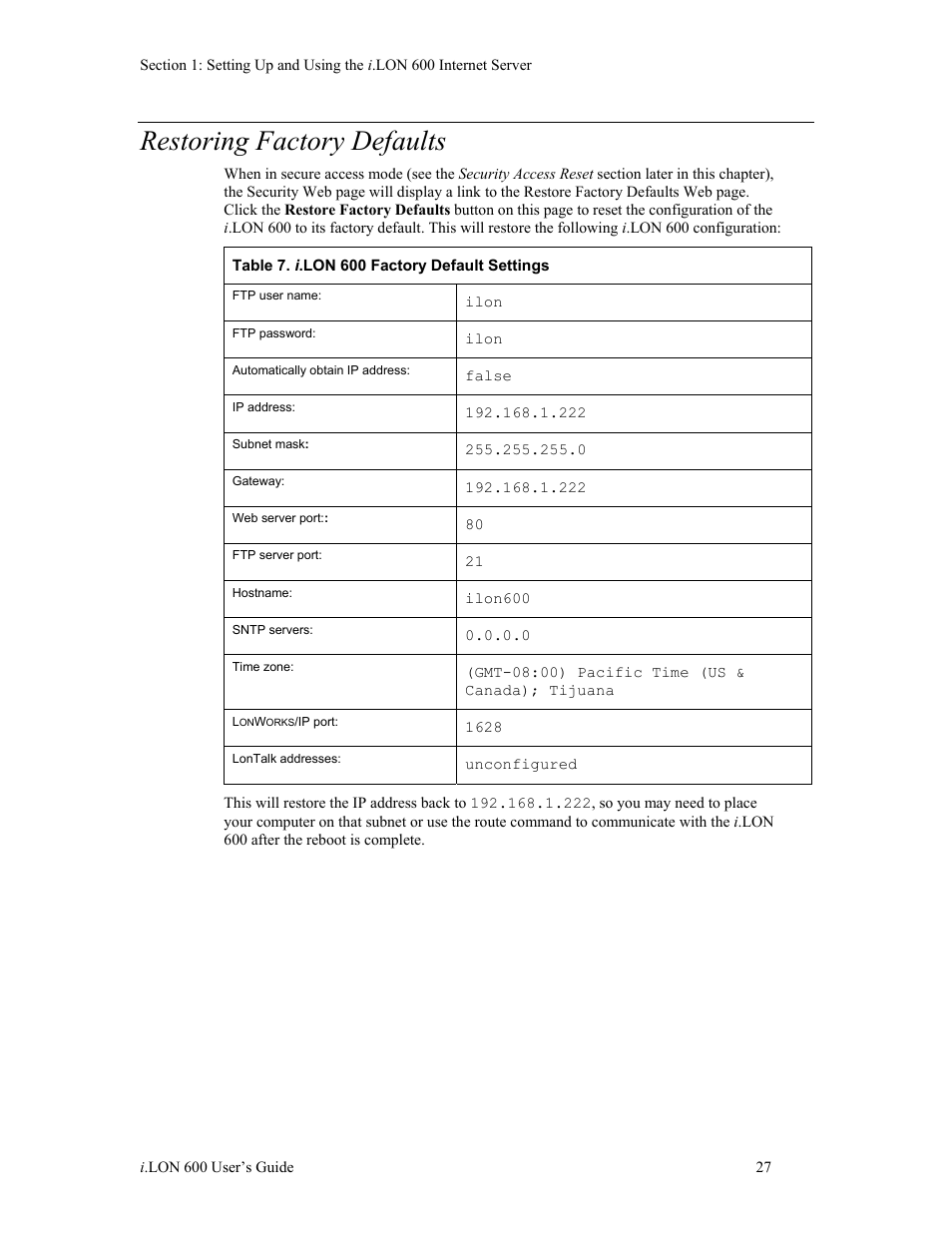 Restoring factory defaults | Echelon i.LON 600 LonWorks/IP Server User Manual | Page 35 / 116