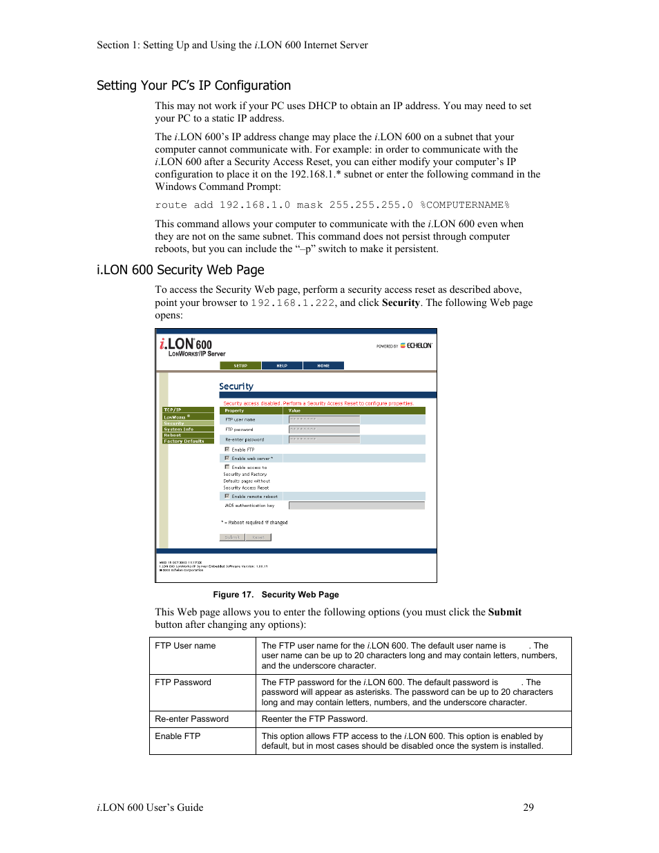 Setting your pc’s ip configuration, I.lon 600 security web page | Echelon i.LON 600 LonWorks/IP Server User Manual | Page 37 / 116