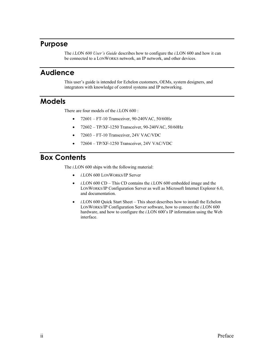 Purpose, Audience, Models | Box contents | Echelon i.LON 600 LonWorks/IP Server User Manual | Page 4 / 116