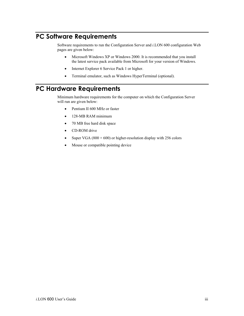 Pc software requirements, Pc hardware requirements | Echelon i.LON 600 LonWorks/IP Server User Manual | Page 5 / 116