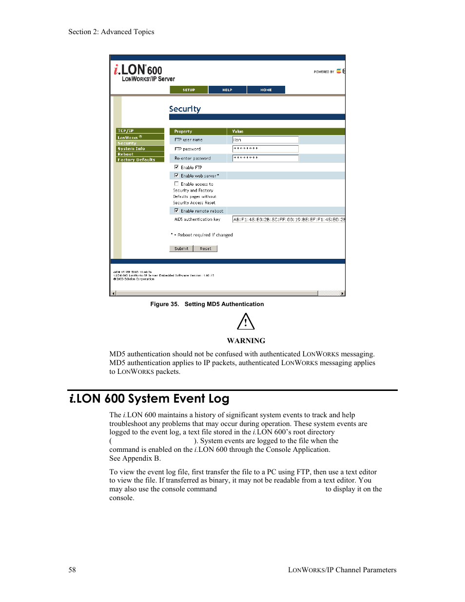 I.lon 600 system event log, I .lon 600 system event log, Figure 35 | Echelon i.LON 600 LonWorks/IP Server User Manual | Page 66 / 116