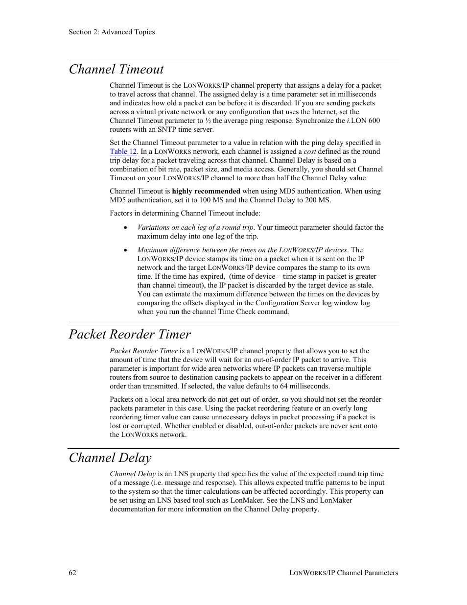 Channel timeout, Packet reorder timer, Channel delay | Echelon i.LON 600 LonWorks/IP Server User Manual | Page 70 / 116