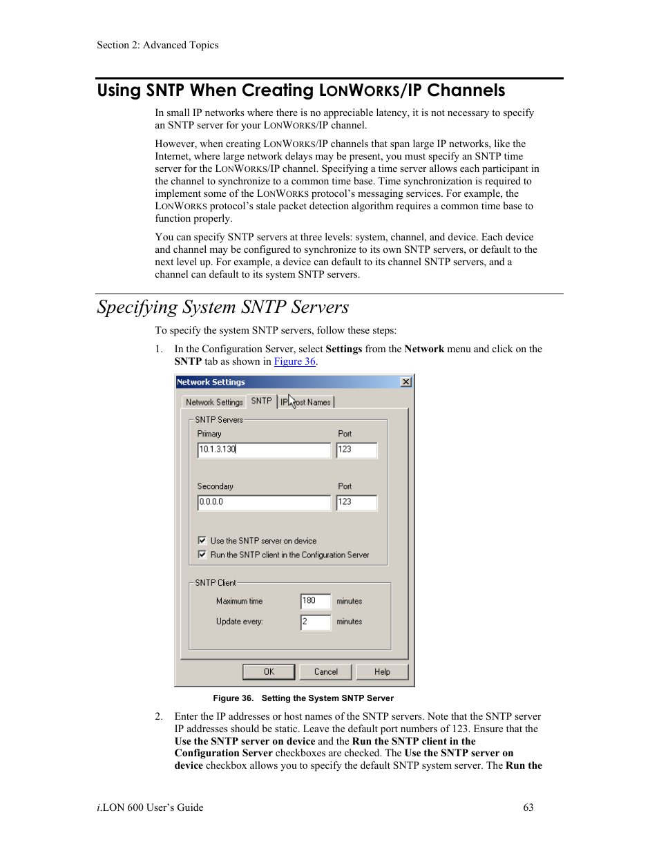 Using sntp when creating lonworks/ip channels, Specifying system sntp servers, Using sntp when creating l | Orks, Ip channels | Echelon i.LON 600 LonWorks/IP Server User Manual | Page 71 / 116