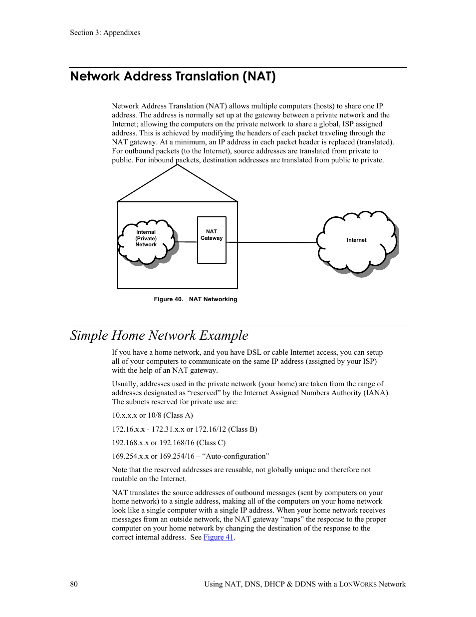 Network address translation (nat), Simple home network example | Echelon i.LON 600 LonWorks/IP Server User Manual | Page 88 / 116