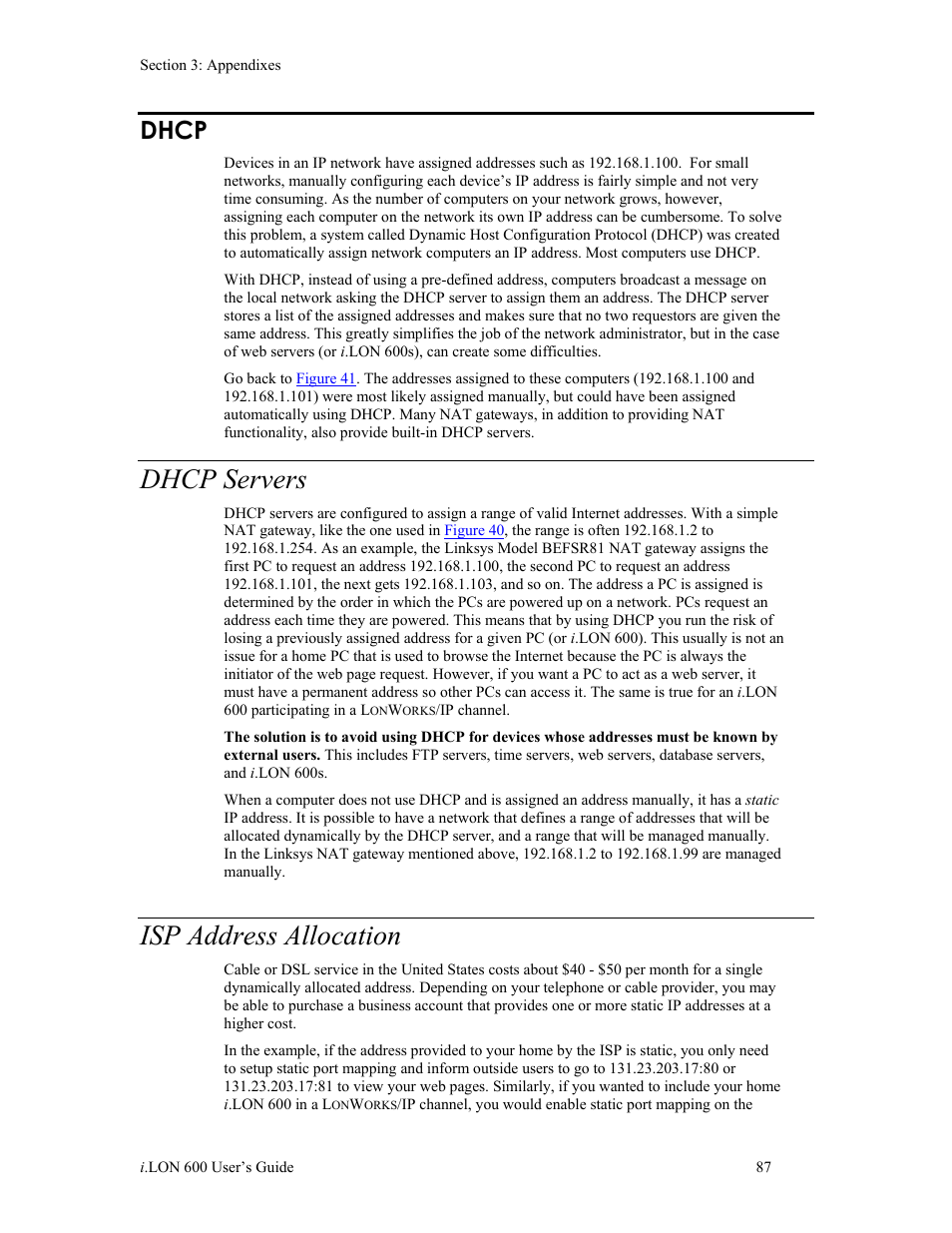 Dhcp, Dhcp servers, Isp address allocation | Echelon i.LON 600 LonWorks/IP Server User Manual | Page 95 / 116