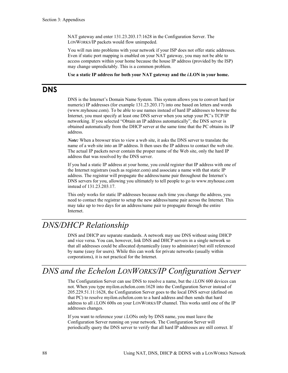 Dns/dhcp relationship, Dns and the echelon l, Orks | Ip configuration server | Echelon i.LON 600 LonWorks/IP Server User Manual | Page 96 / 116