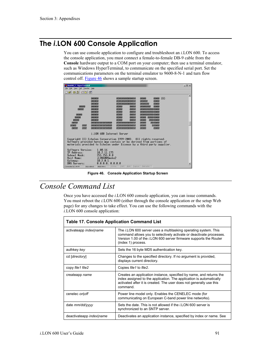 The i.lon 600 console application, Console command list, The i .lon 600 console application | Echelon i.LON 600 LonWorks/IP Server User Manual | Page 99 / 116