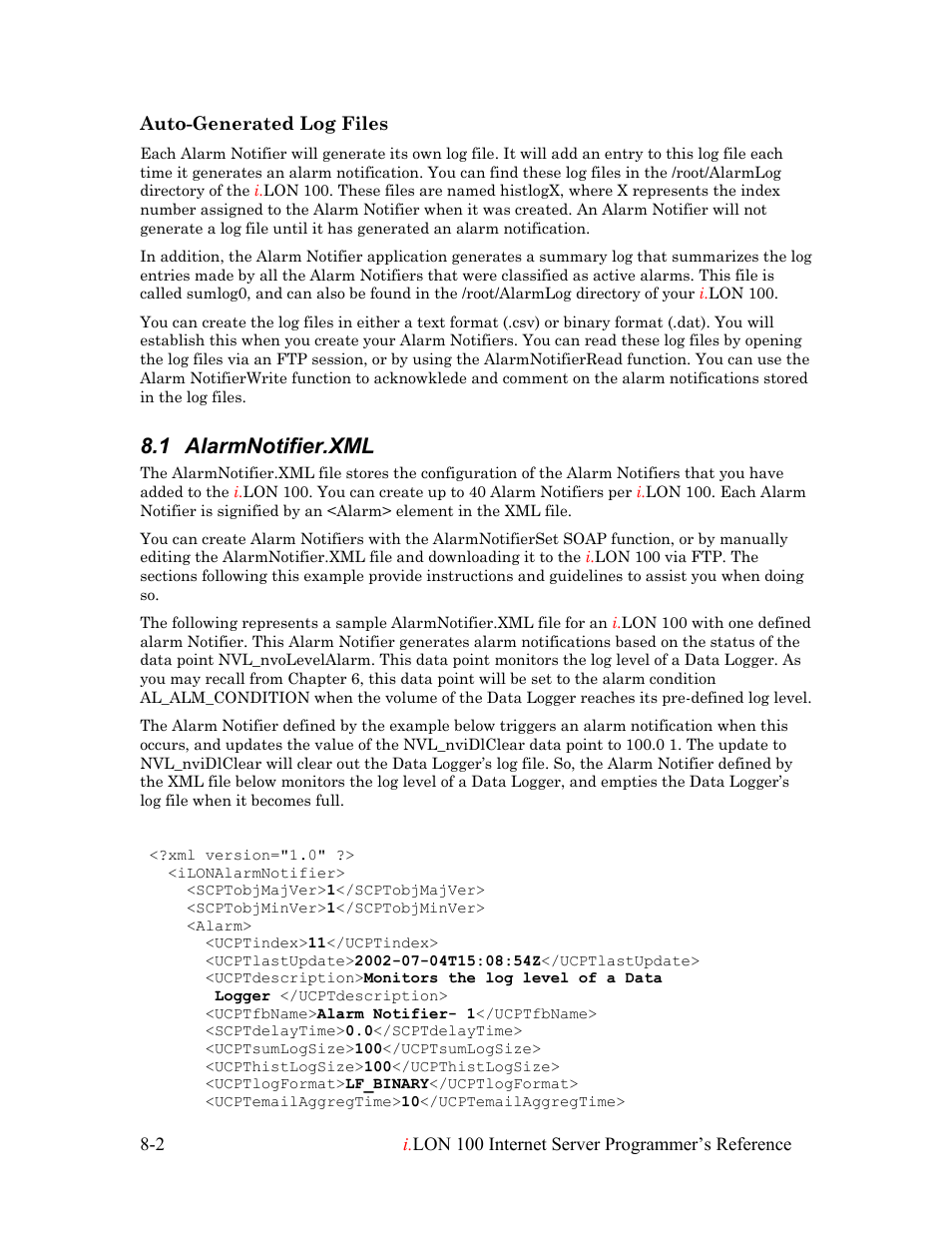 Alarmnotifier.xml, Alarmnotifier.xml -2, 1 alarmnotifier.xml | Echelon i.LON 100 e2 Internet Server User Manual | Page 108 / 223