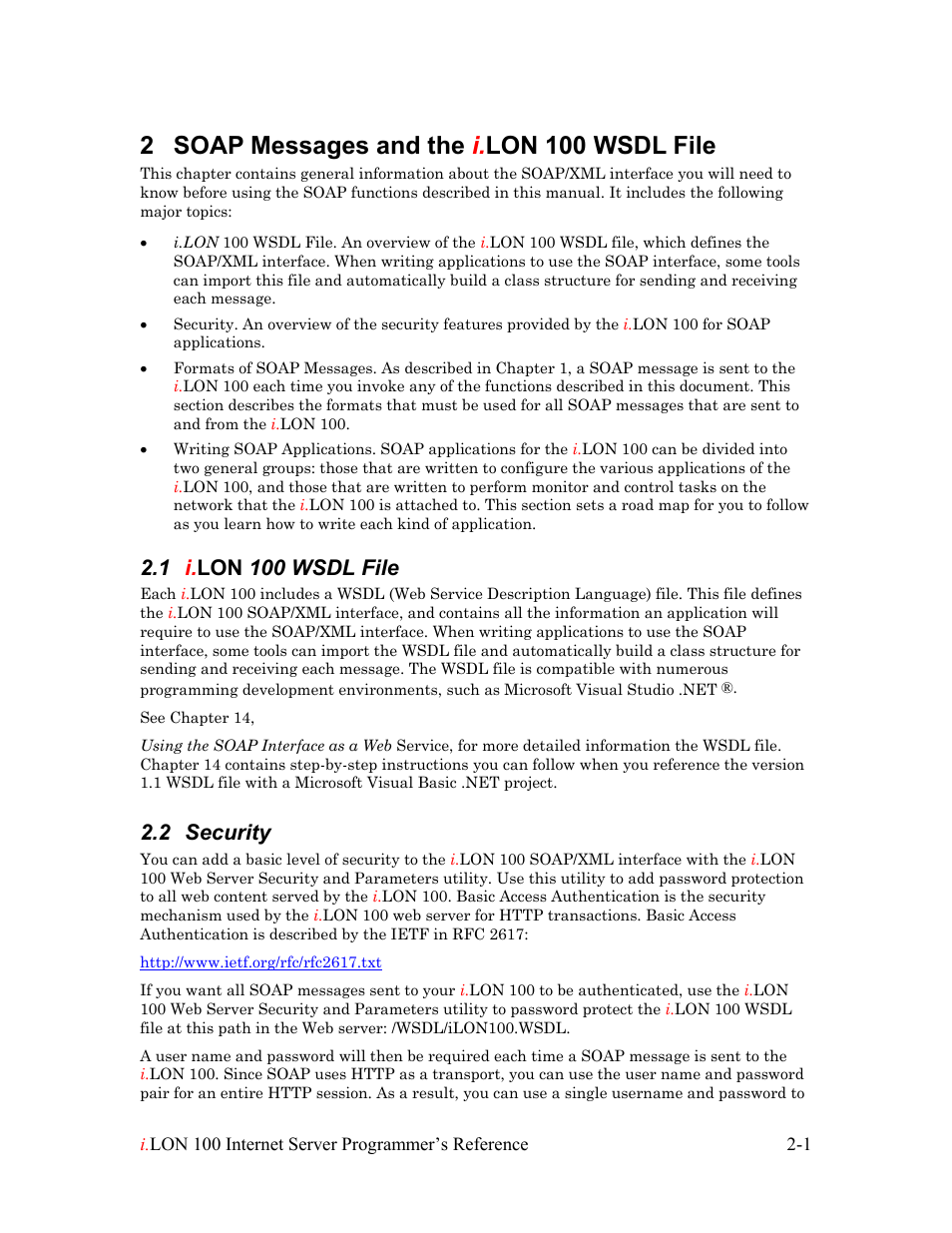 Soap messages and the i.lon 100 wsdl file, I.lon 100 wsdl file, Security | Soap messages and the i. lon 100 wsdl file -1, I.lon 100 wsdl file -1, Security -1, 2 soap messages and the i. lon 100 wsdl file, 1 i. lon 100 wsdl file, 2 security | Echelon i.LON 100 e2 Internet Server User Manual | Page 12 / 223