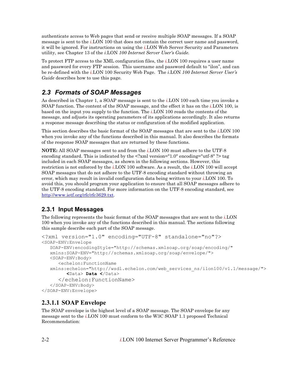 Formats of soap messages, Input messages, Soap envelope | Formats of soap messages -2, Input messages -2, Soap envelope -2, Formats of soap messages. as, 3 formats of soap messages, 1 soap envelope, 1 input messages | Echelon i.LON 100 e2 Internet Server User Manual | Page 13 / 223