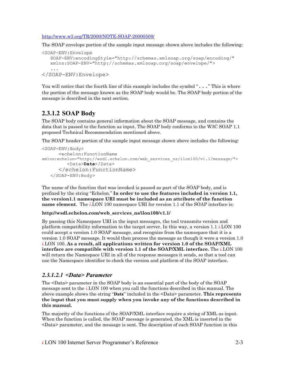 Soap body, Lon 100 internet server programm, Soap body -3 | Lon 100 internet server program, Lon 100 internet serv, 2 soap body, 1 <data> parameter | Echelon i.LON 100 e2 Internet Server User Manual | Page 14 / 223