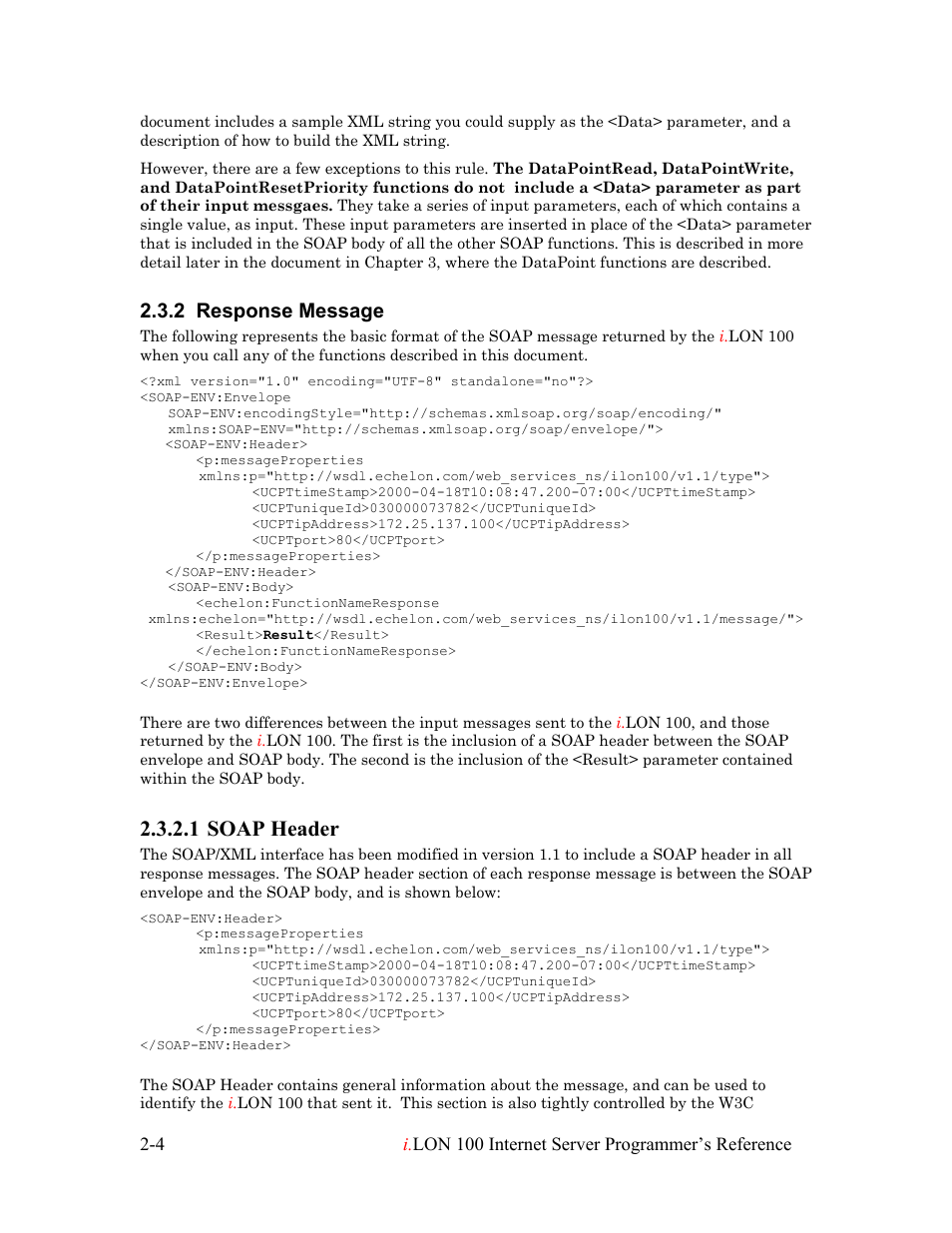 Response message, Soap header, Response message -4 | Soap header -4, 1 soap header, 2 response message | Echelon i.LON 100 e2 Internet Server User Manual | Page 15 / 223