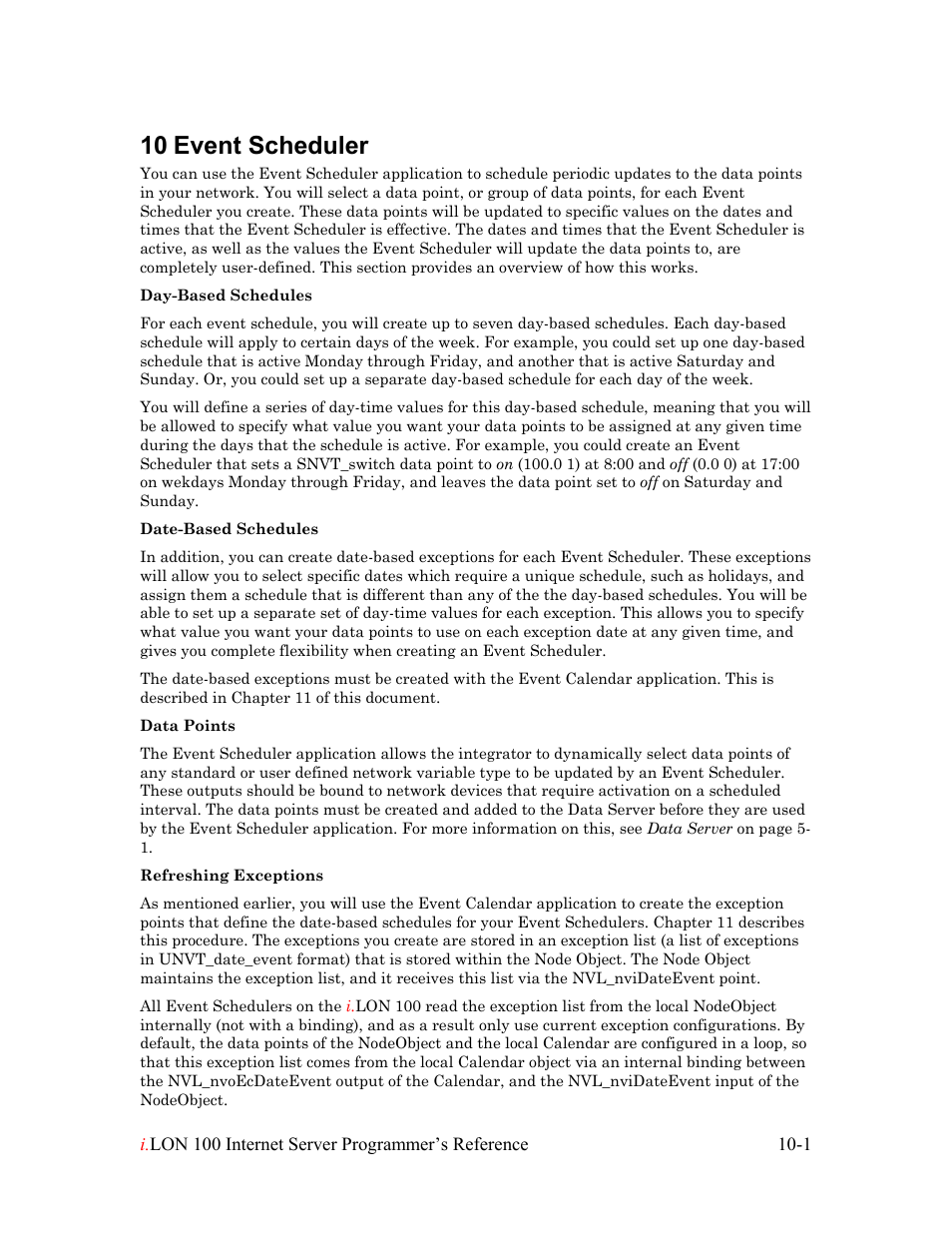 Event scheduler, Event scheduler -1, 10 event scheduler | Echelon i.LON 100 e2 Internet Server User Manual | Page 153 / 223