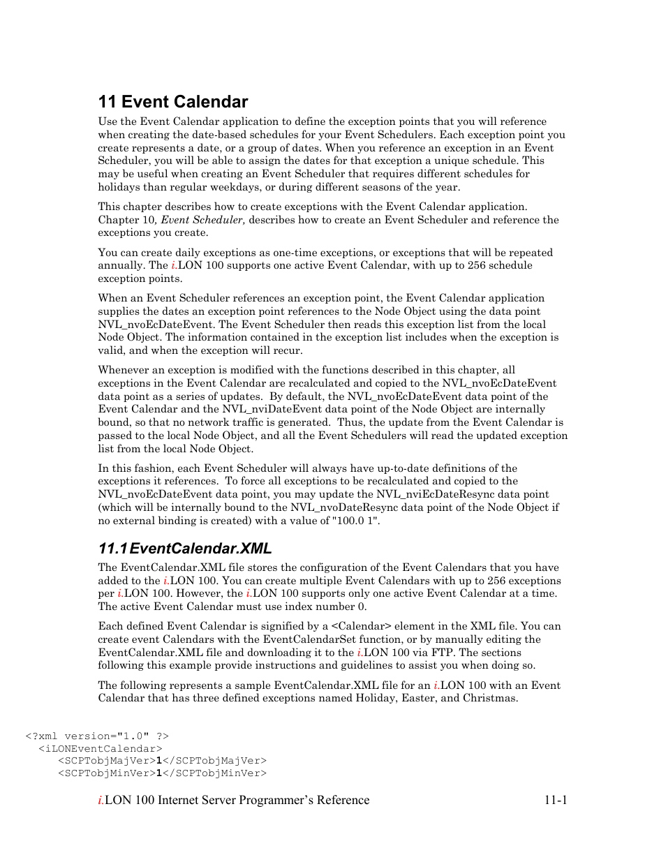 Event calendar, Eventcalendar.xml, Event calendar -1 | Eventcalendar.xml -1, 11 event calendar, 1 eventcalendar.xml | Echelon i.LON 100 e2 Internet Server User Manual | Page 168 / 223