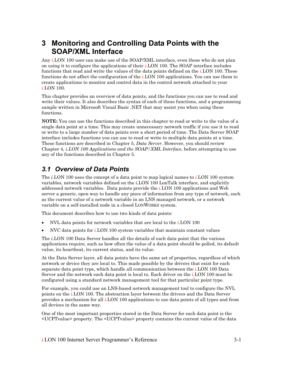 Overview of data points, Overview of data points -1, Monitoring and | 1 overview of data points | Echelon i.LON 100 e2 Internet Server User Manual | Page 18 / 223