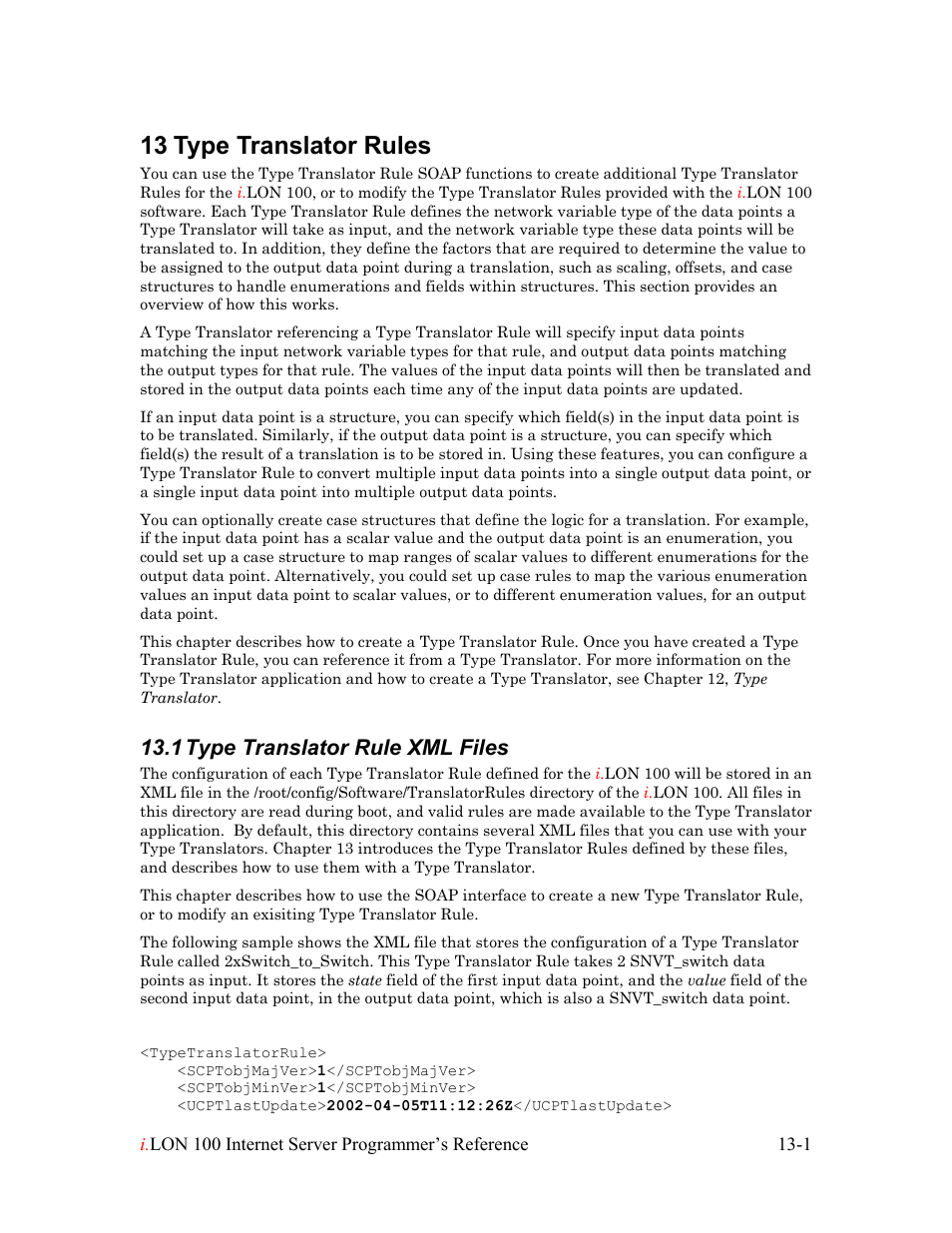 Type translator rules, Type translator rule xml files, Type translator rules -1 | Type translator rule xml files -1, 13 type translator rules, 1 type translator rule xml files | Echelon i.LON 100 e2 Internet Server User Manual | Page 194 / 223