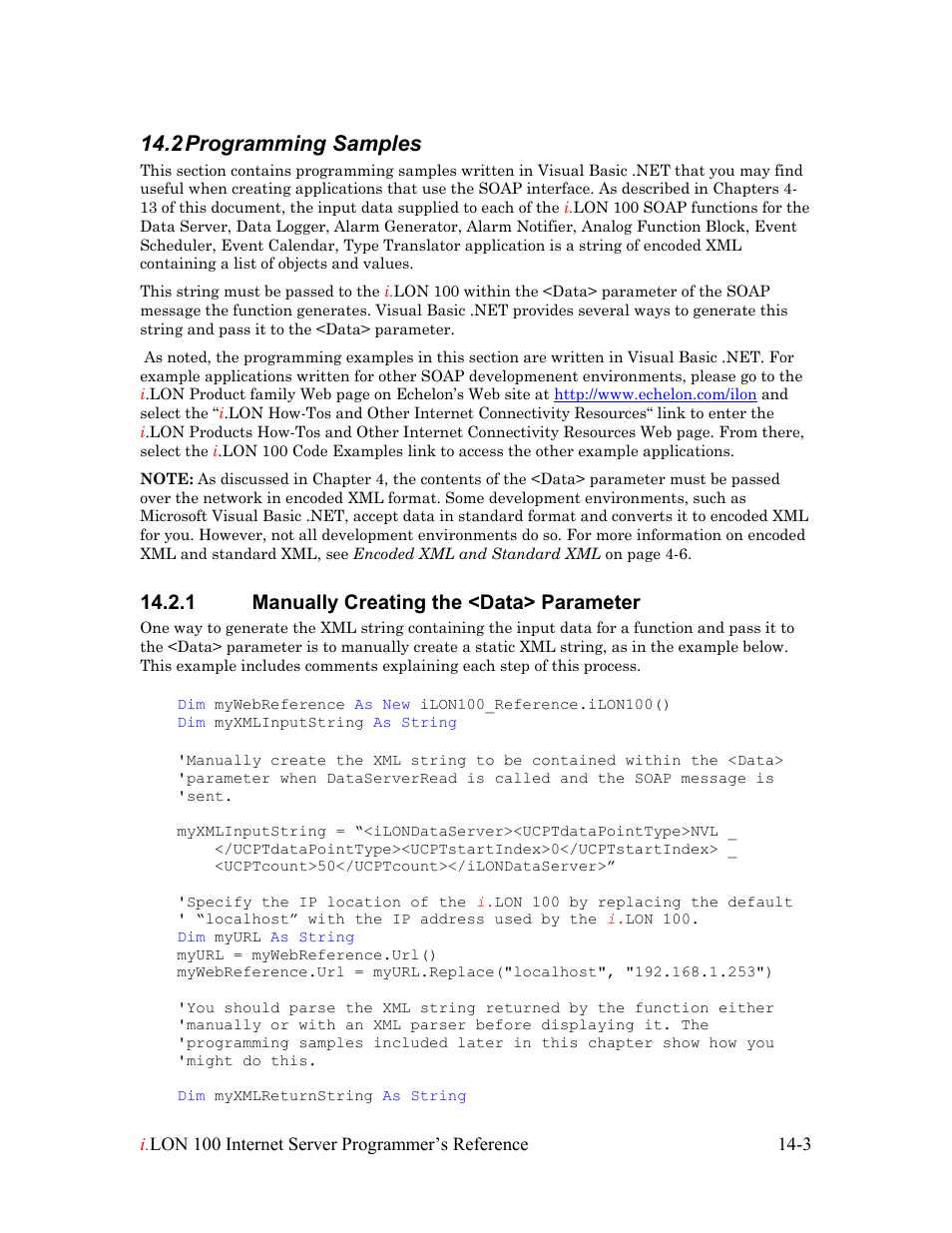 Programming samples, Manually creating the <data> parameter, Programming samples -3 | Manually creating the <data> parameter -3, 2 programming samples, 1 manually creating the <data> parameter | Echelon i.LON 100 e2 Internet Server User Manual | Page 210 / 223