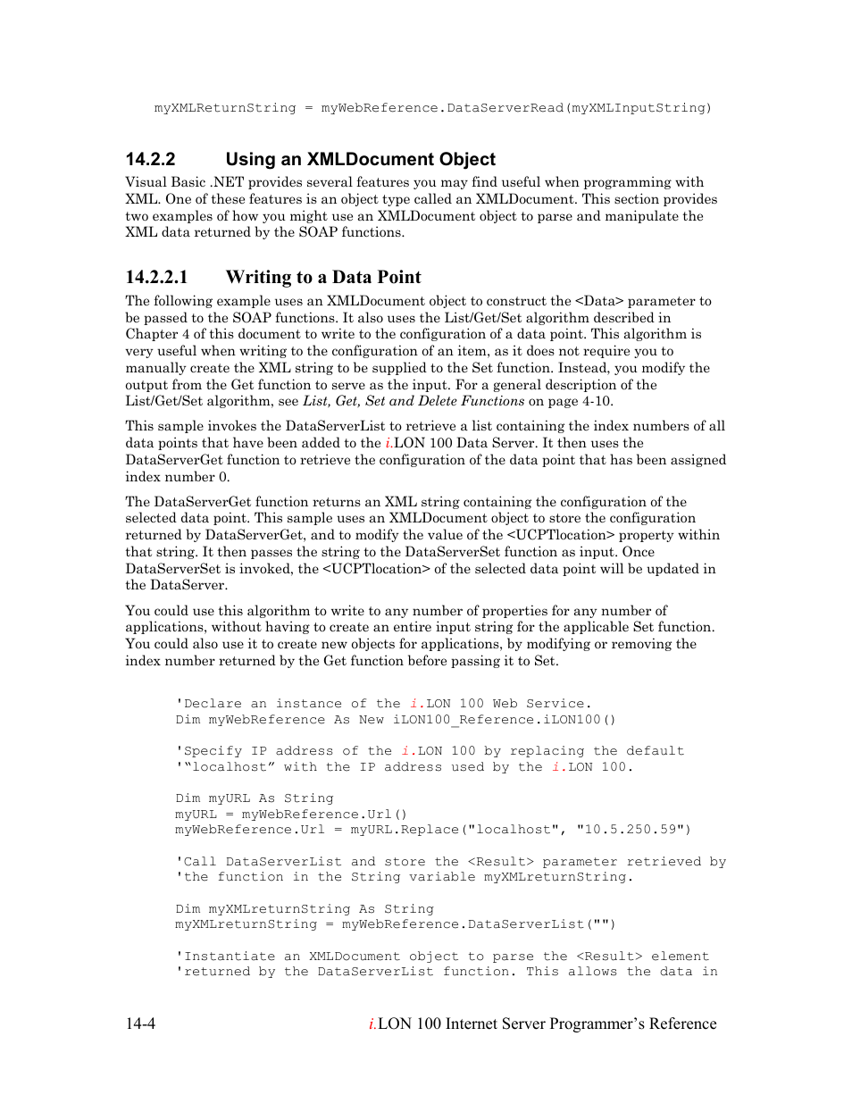 Using an xmldocument object, Writing to a data point, Using an xmldocument object -4 | Writing to a data point -4, 1 writing to a data point, 2 using an xmldocument object | Echelon i.LON 100 e2 Internet Server User Manual | Page 211 / 223
