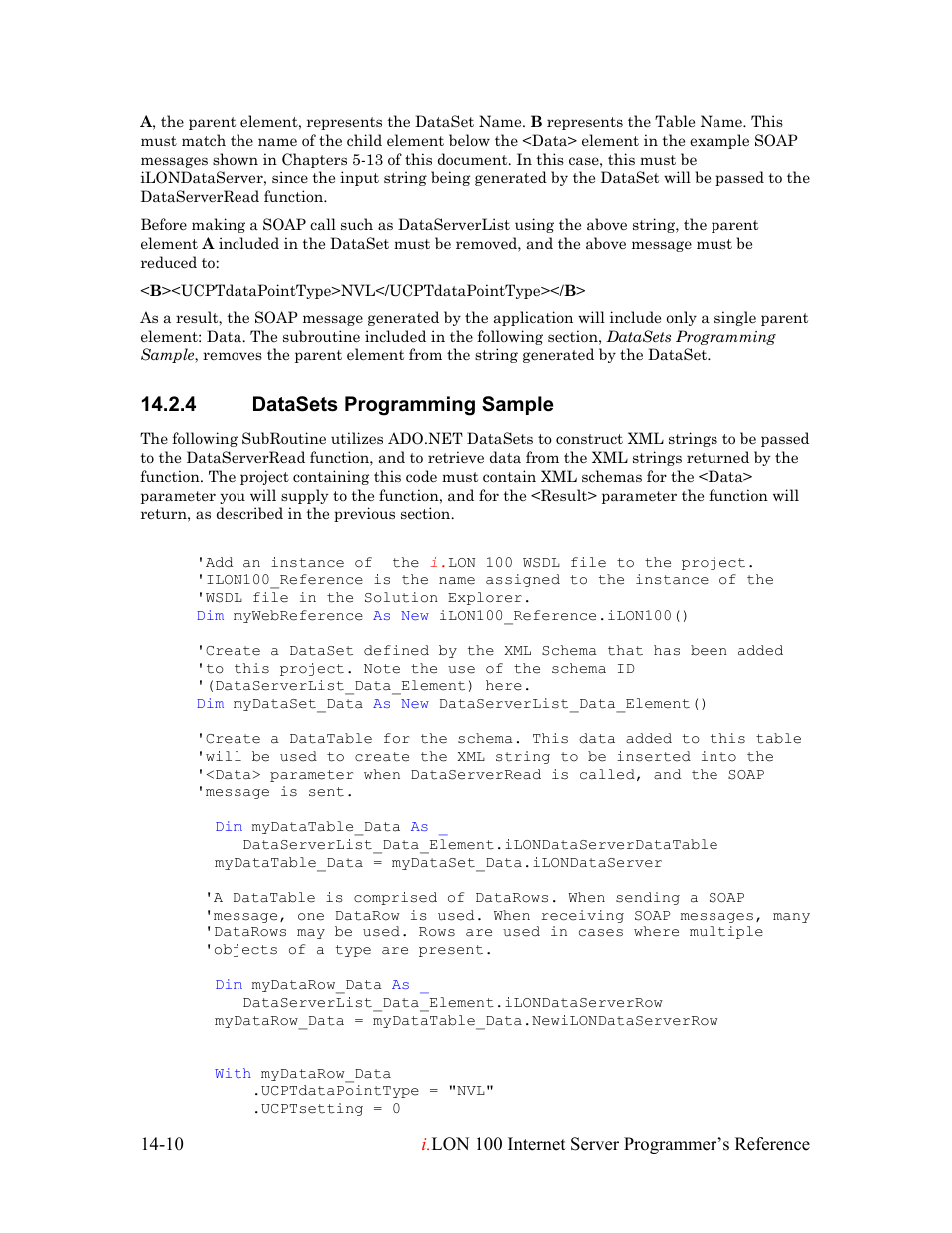 Datasets programming sample, Datasets programming sample -10, 4 datasets programming sample | Echelon i.LON 100 e2 Internet Server User Manual | Page 217 / 223