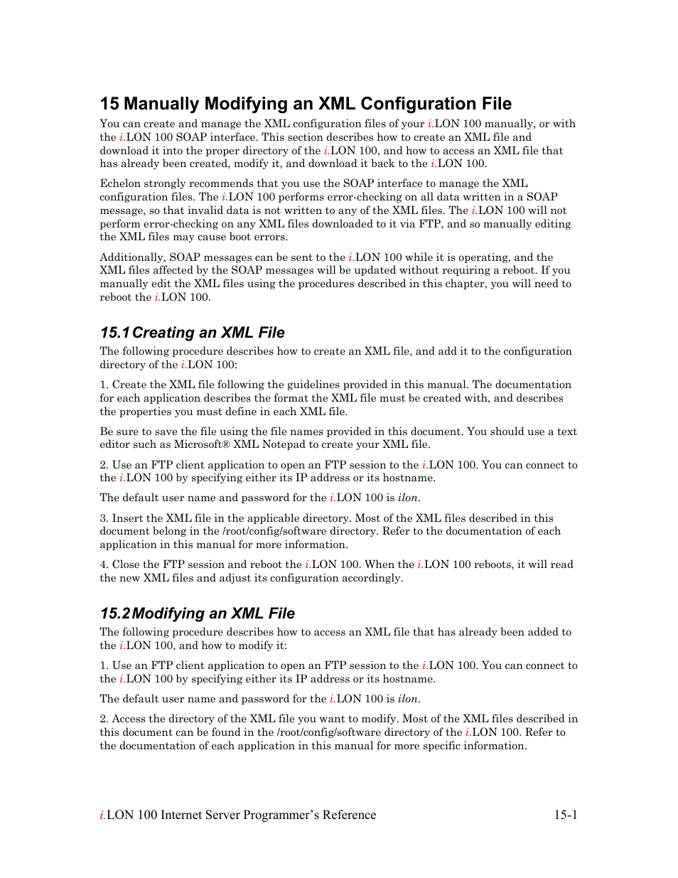 Manually modifying an xml configuration file, Creating an xml file, Modifying an xml file | Manually modifying an xml configuration file -1, Creating an xml file -1, Modifying an xml file -1, 15 manually modifying an xml configuration file, 1 creating an xml file, 2 modifying an xml file | Echelon i.LON 100 e2 Internet Server User Manual | Page 220 / 223