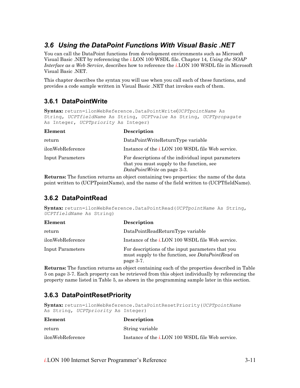 Datapointwrite, Datapointread, Datapointresetpriority | Datapointwrite -11, Datapointread -11, Datapointresetpriority -11, 1 datapointwrite, 2 datapointread, 3 datapointresetpriority | Echelon i.LON 100 e2 Internet Server User Manual | Page 28 / 223