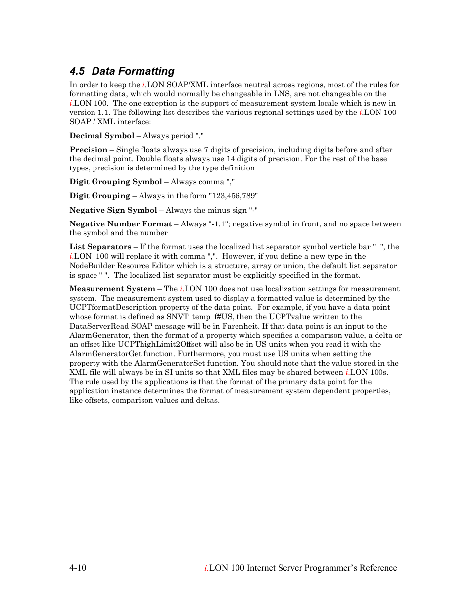 Data formatting, Data formatting -10, 5 data formatting | Echelon i.LON 100 e2 Internet Server User Manual | Page 40 / 223