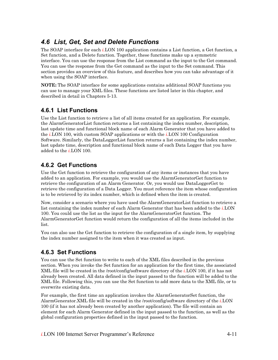 List, get, set and delete functions, List functions, Get functions | Set functions, List, get, set and delete functions -11, List functions -11, Get functions -11, Set functions -11, 6 list, get, set and delete functions, 1 list functions | Echelon i.LON 100 e2 Internet Server User Manual | Page 41 / 223