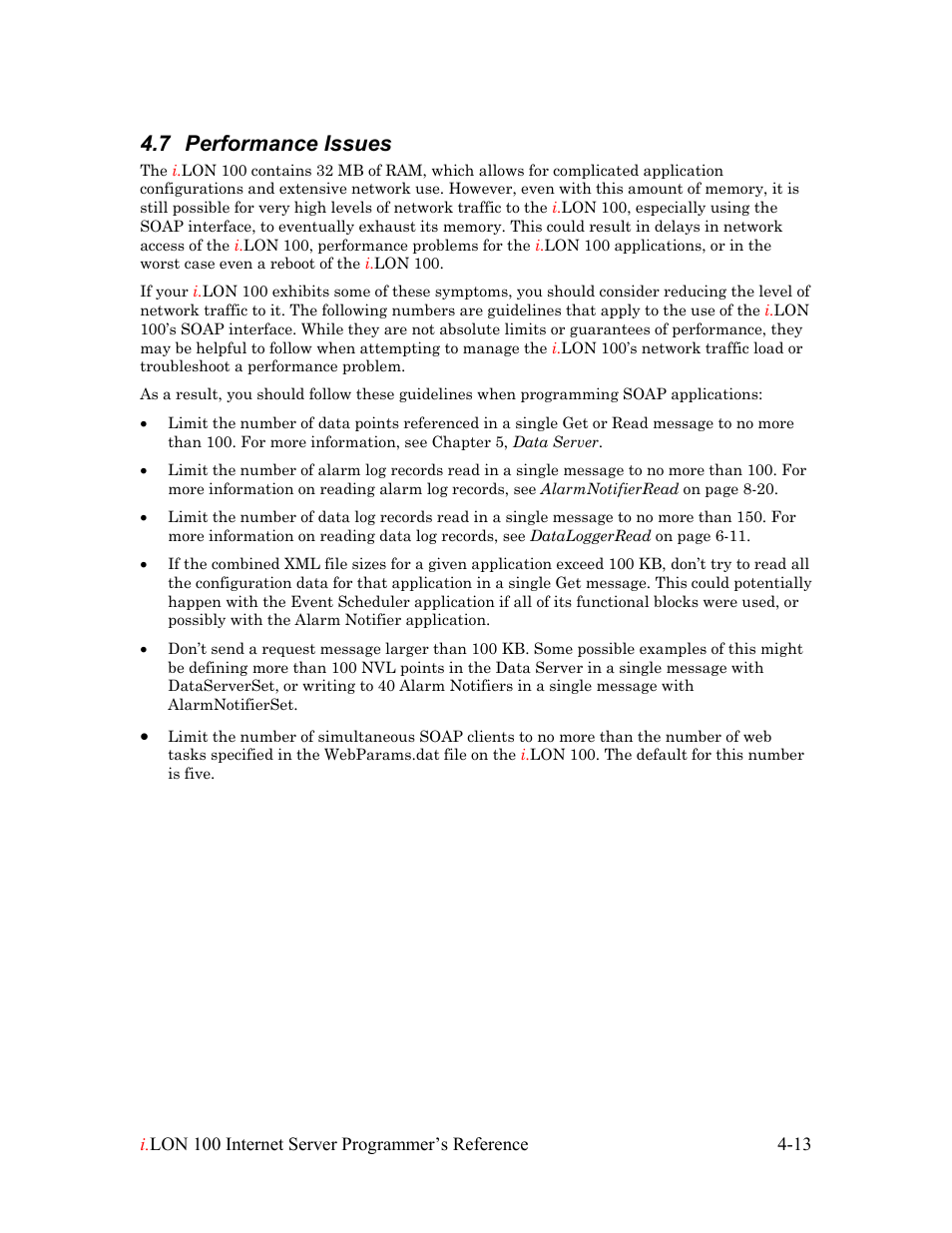 Performance issues, Performance issues -13, 7 performance issues | Echelon i.LON 100 e2 Internet Server User Manual | Page 43 / 223