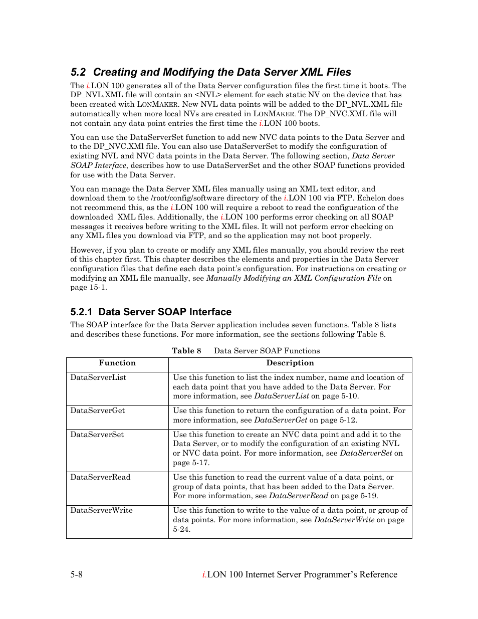 Creating and modifying the data server xml files, Data server soap interface, Data server soap interface -8 | 2 creating and modifying the data server xml files, 1 data server soap interface | Echelon i.LON 100 e2 Internet Server User Manual | Page 52 / 223