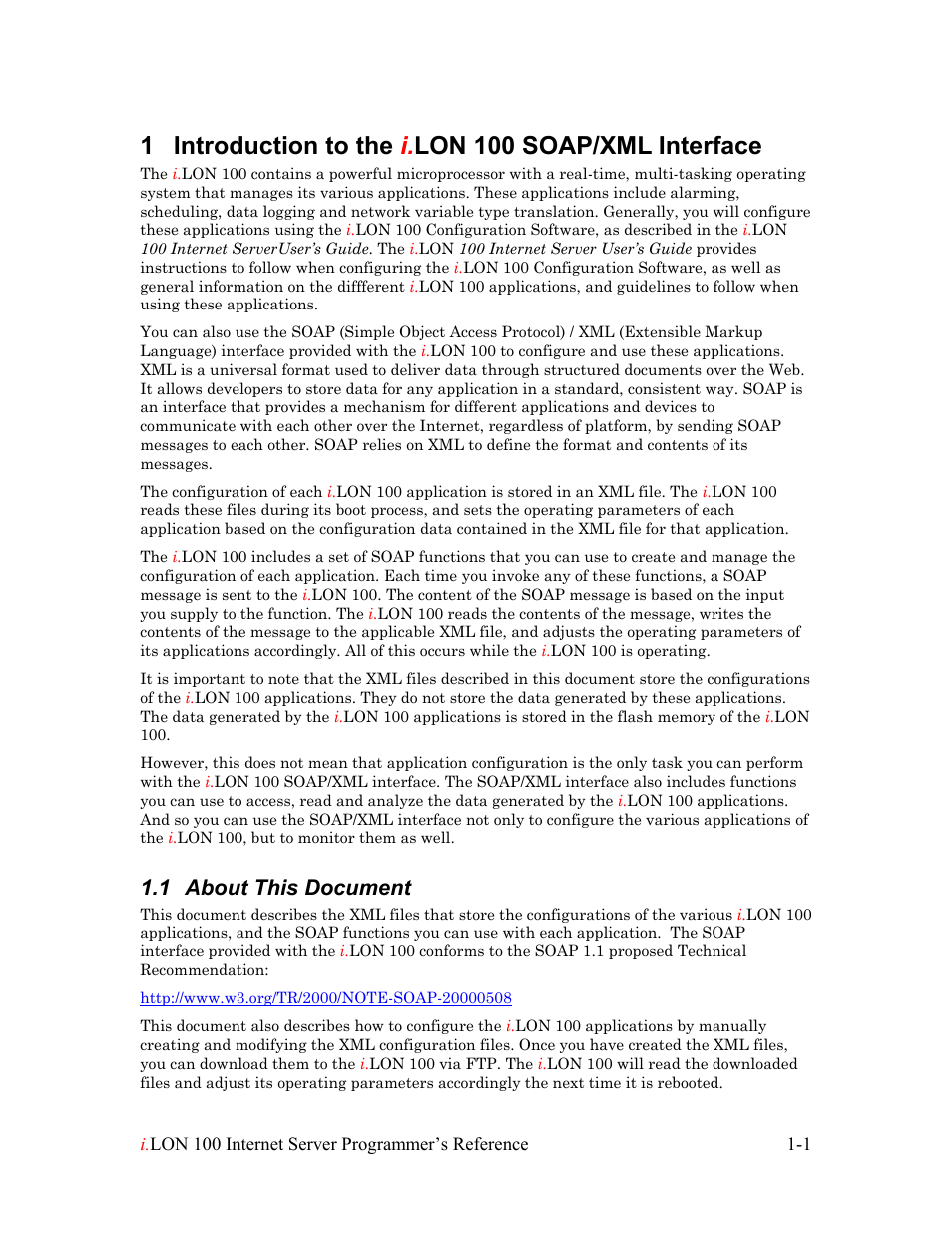 Introduction to the i.lon 100 soap/xml interface, About this document, About this document -1 | 1 about this document | Echelon i.LON 100 e2 Internet Server User Manual | Page 6 / 223