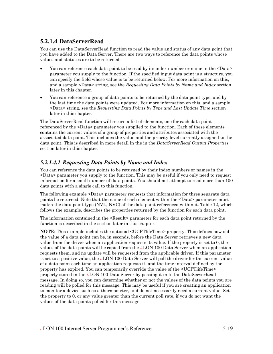 Dataserverread, Dataserverread -19, Dataserverread on | 4 dataserverread, 1 requesting data points by name and index | Echelon i.LON 100 e2 Internet Server User Manual | Page 63 / 223