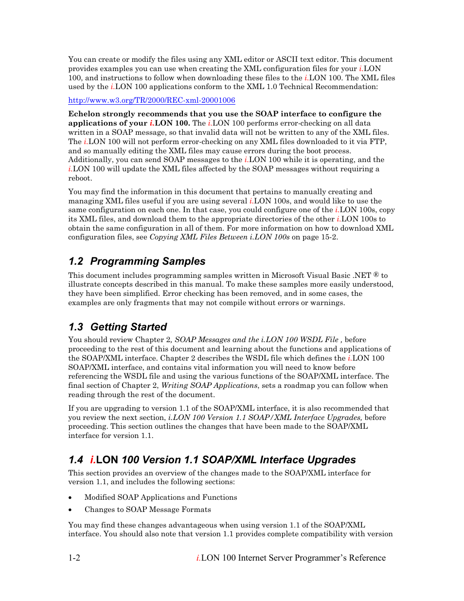 Programming samples, Getting started, I.lon 100 version 1.1 soap/xml interface upgrades | Programming samples -2, Getting started -2, 2 programming samples, 3 getting started | Echelon i.LON 100 e2 Internet Server User Manual | Page 7 / 223