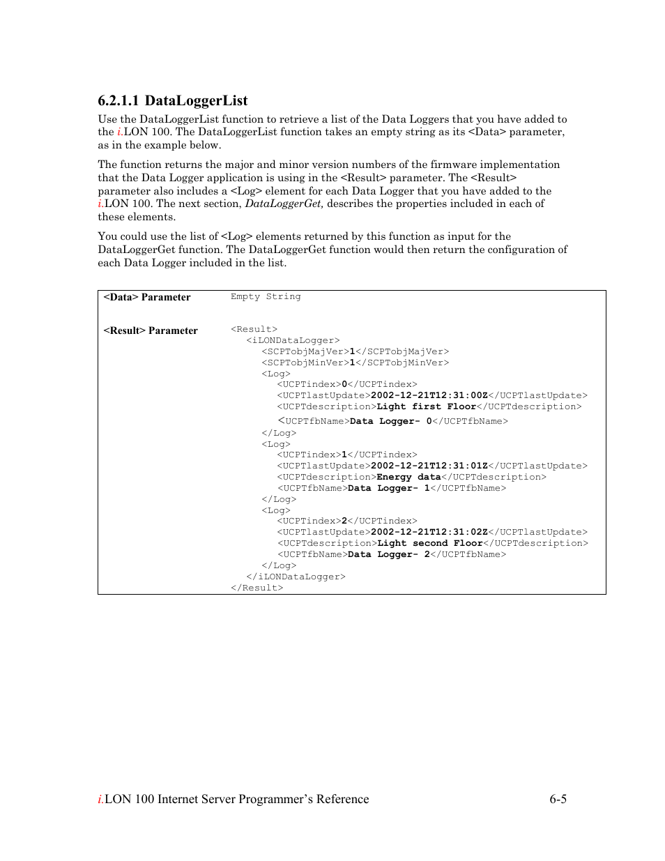 Dataloggerlist, Dataloggerlist -5, 1 dataloggerlist | Echelon i.LON 100 e2 Internet Server User Manual | Page 77 / 223