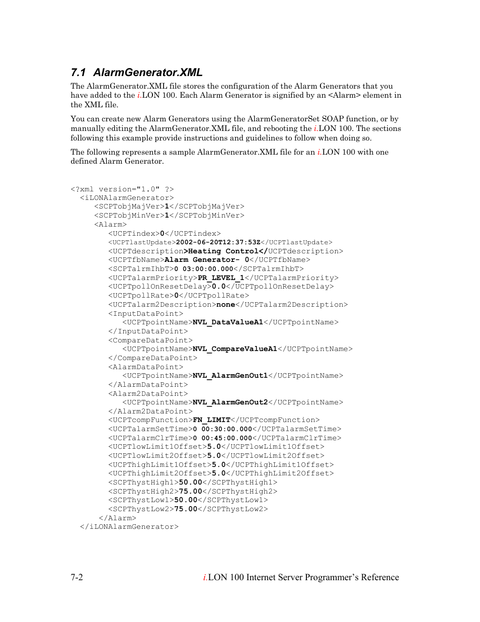 Alarmgenerator.xml, Alarmgenerator.xml -2, 1 alarmgenerator.xml | Echelon i.LON 100 e2 Internet Server User Manual | Page 91 / 223