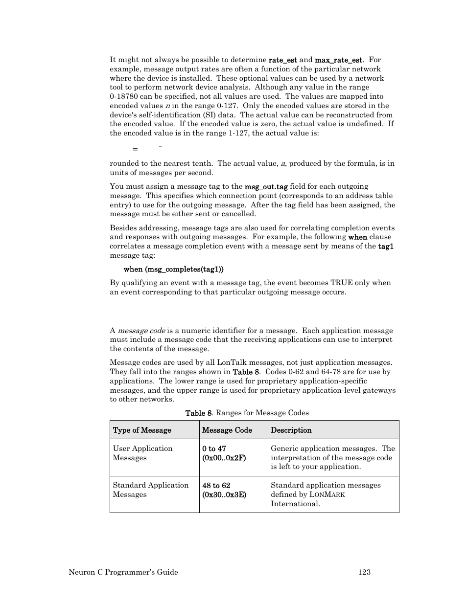 Message codes, Ge 123 | Echelon Neuron C User Manual | Page 135 / 268