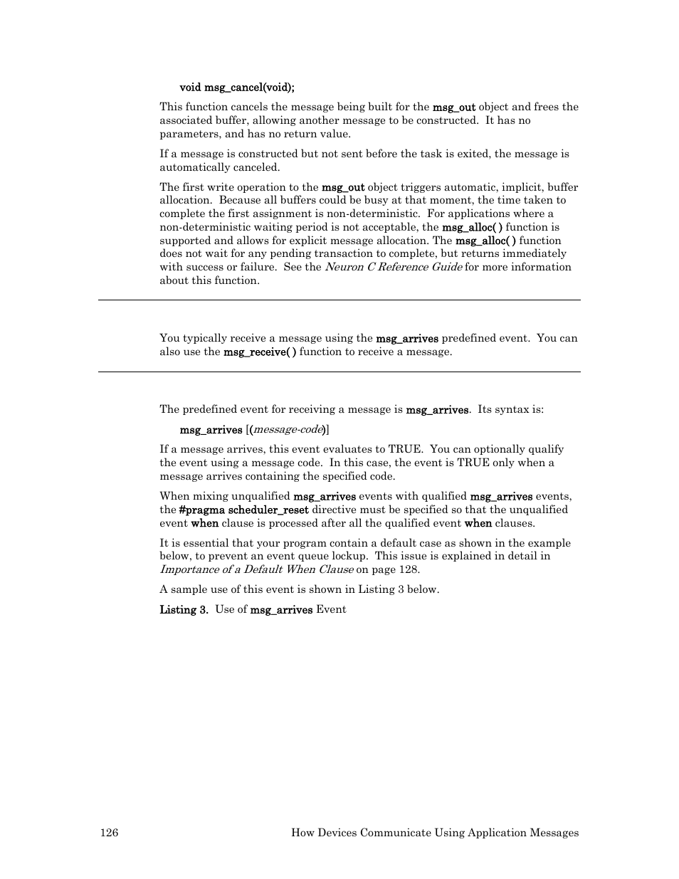 Receiving a message, The msg_arrives event | Echelon Neuron C User Manual | Page 138 / 268