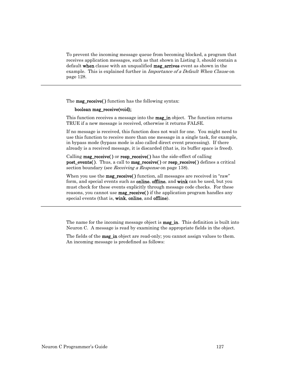 The msg_receive( ) function, Format of an incoming message | Echelon Neuron C User Manual | Page 139 / 268