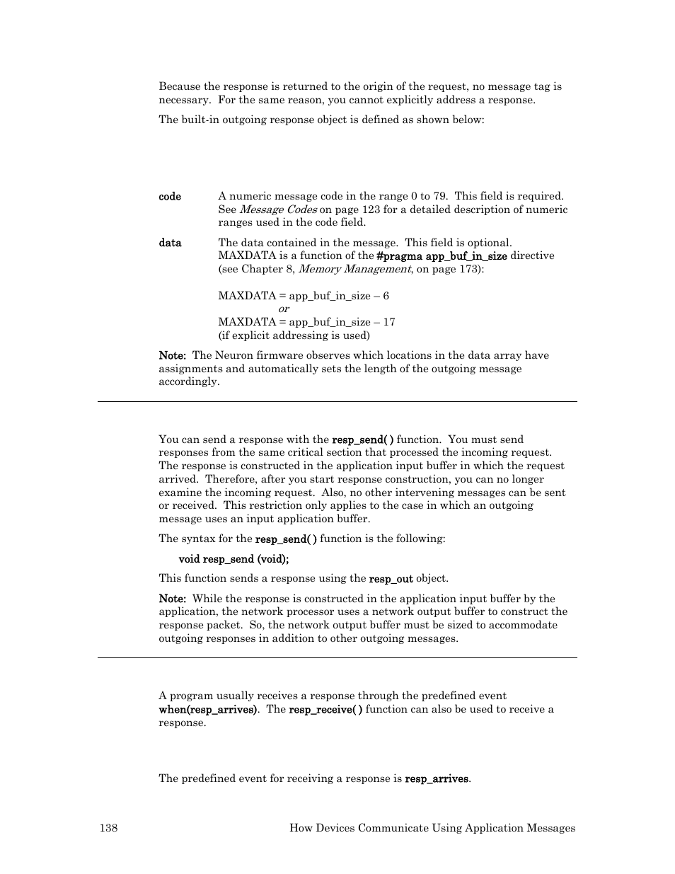 Sending a response, Receiving a response, The resp_arrives event | Echelon Neuron C User Manual | Page 150 / 268