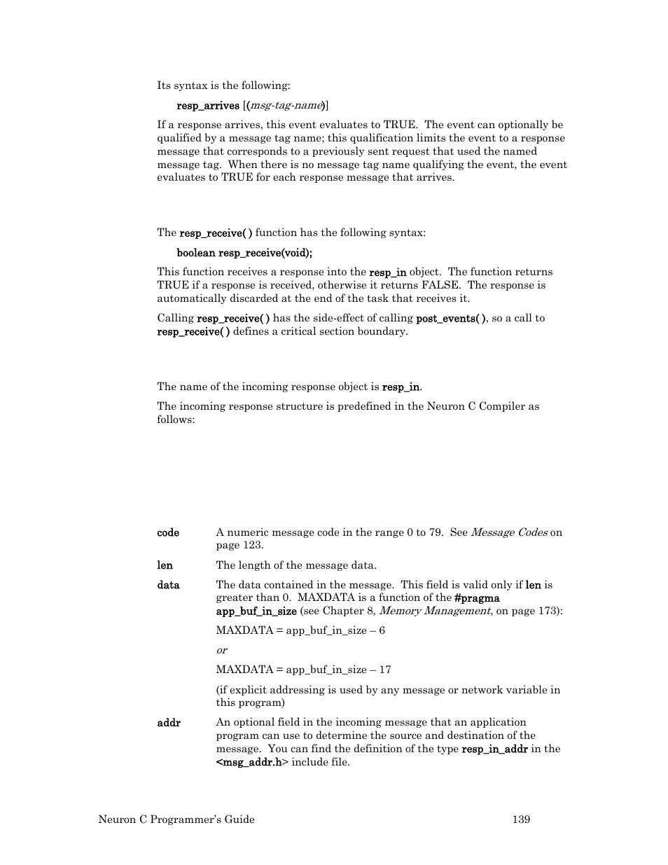 The resp_receive( ) function, Format of a response | Echelon Neuron C User Manual | Page 151 / 268