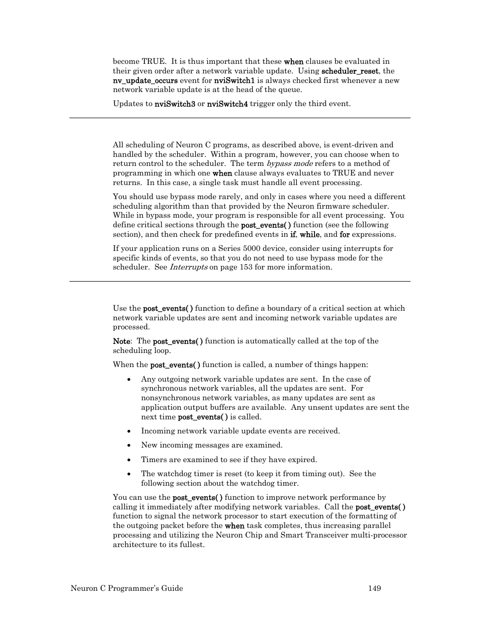 Bypass mode, The post_events( ) function | Echelon Neuron C User Manual | Page 161 / 268