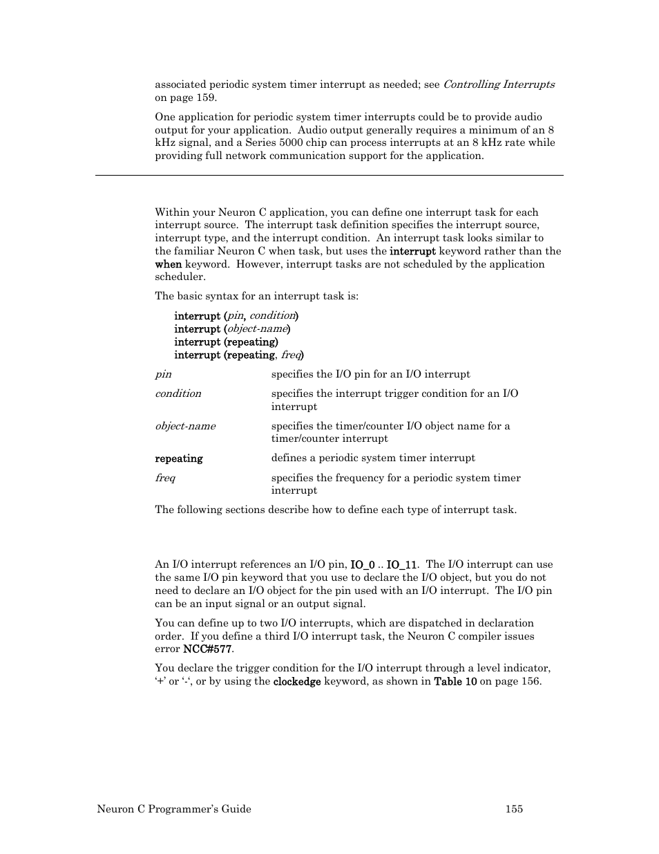 Defining an interrupt task, Defining an i/o interrupt task | Echelon Neuron C User Manual | Page 167 / 268