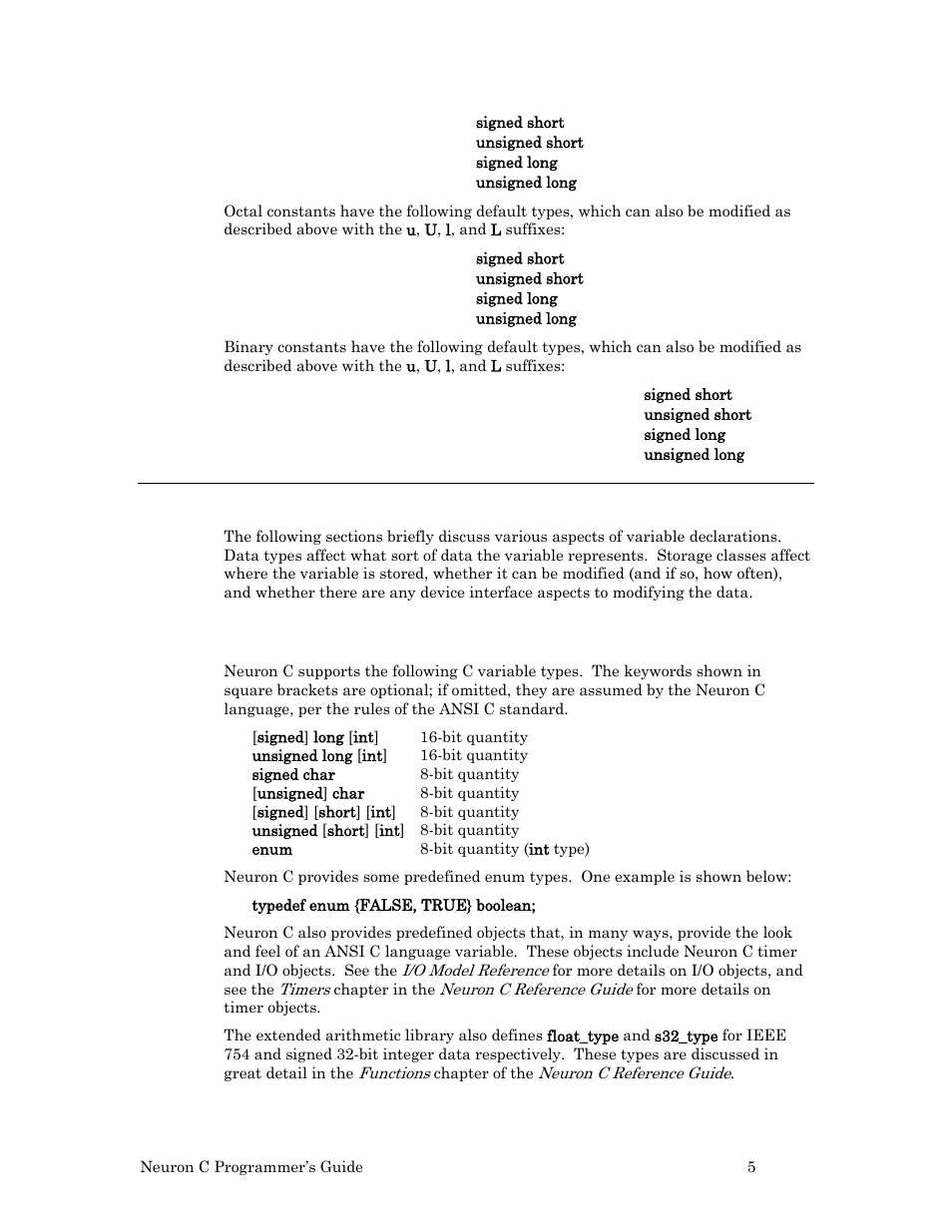 Neuron c variables, Neuron c variable types | Echelon Neuron C User Manual | Page 17 / 268